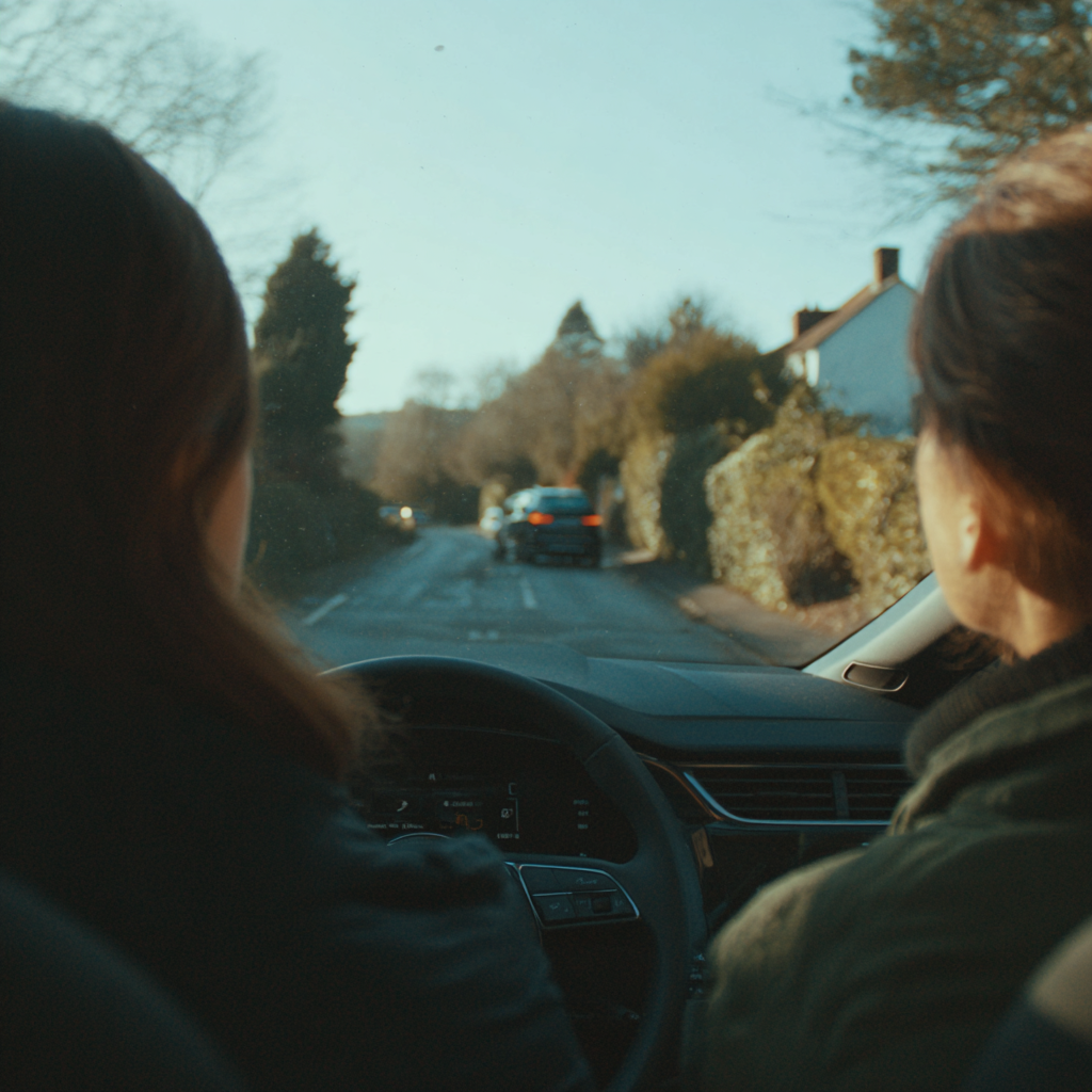 Rear view of a driving instructor teaching a student
